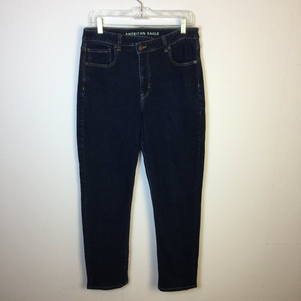American Eagle Mom Jeans Sz 12 Womans Dark Wash Denim High Rise Asymmetric Waist